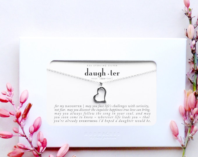 Daughter | Sterling Silver Open Heart Necklace | Quote Poem Inspirational Message Card | Graduation Going Away for College Birthday Gift