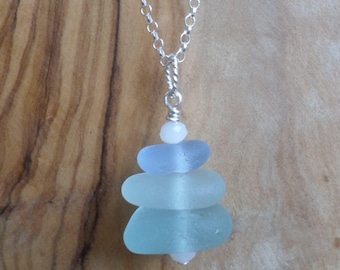 Shades of Blue Stacked Sterling Silver Sea Glass Necklace, Seaglass Necklace Pendant, Beach Glass, Beach Jewelry, Seaham, Beach Glass, Stack