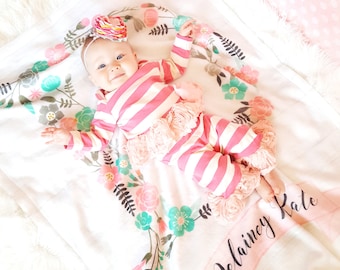 Floral Baby Blanket - Baby Initial Blanket - Personalized Baby Gift - Baby Photo Prop - Baby Swaddle - Blanket for Baby Girl - Floral Baby