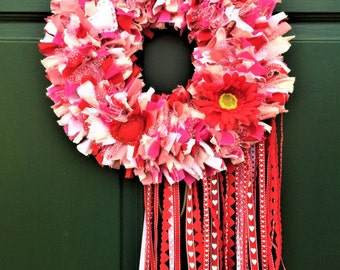 40% OFF HOLIDAY SALE! Valentine Wreath, Heart Wreath, Valentine’s Day, Rag Wreath, Fabric Wreath, Door Wreath, Indoor Wreath, Ribbon Wreath