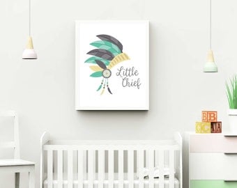 Boho Nursery 8x10 Printable Little Chief - Gray Teal Nursery Decor - Boho Printable