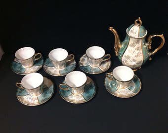 Vintage Demitasse Tea Set MTK Japan Bone China Lusterware Tea Set Service For Six 6 Blue White Gold Gilding 14 Piece Set Stunning