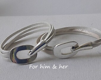 White leather Couple Bracelets, Engagement Jewelry, Metallic white cuff set, Jewelry for Him & Her, Friendships cuffs