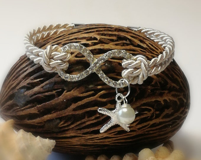 Infinity bracelet, Starfish bracelet,Bridesmaid jewelry, Beach Wedding bracelet, Nautical bracelet,infinity bracelet with pearl
