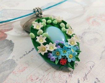 Spring gift Opalite jewelry Moonstone necklace Lily of the valley Forget me not Leaf necklace Oval necklace Nature gift Floral jewelry