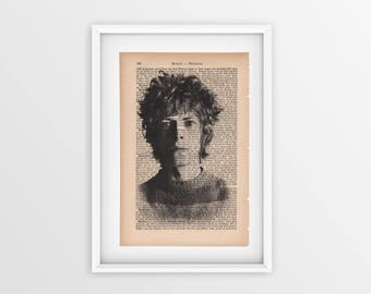 David Bowie printed on an old page, vintage print of David Bowie on a page from 1877, Gothic font on yellow page, White Duke printed