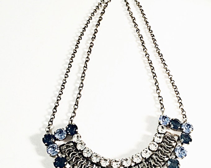 Stunning statement Swarovski crystal denim blue ombre necklace jewelry! Adjustable bib collar necklace, seen on Rachel Zoe US magazine!