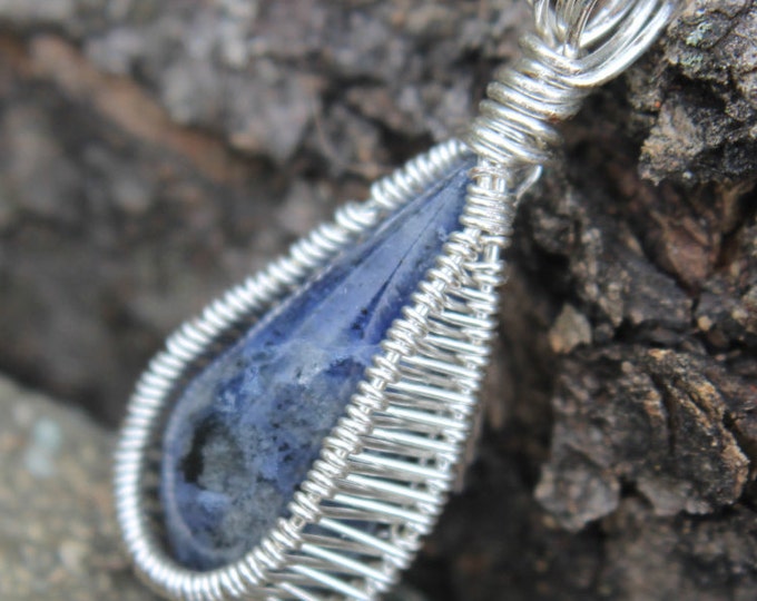 Blue Sodalite with Silver Wire Wrap Pendant; Hand Cut Tear Drop Natural Stone Wire Weave Jewelry, Earthy BoHo Hippie Necklace