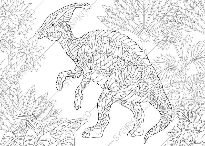 Gambar Adult Coloring Pages Dinosaur Hadrosaur Zentangle Doodle Zoom ...