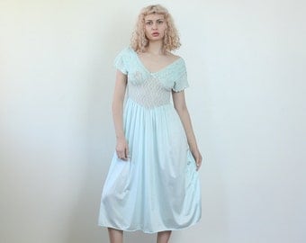 Vintage Blue Slip Dress // 60s Lingerie Knee Length Sheer Lace 70s Nightgown - Medium to Large