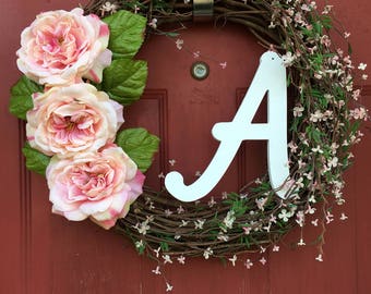 Floral Wreath - Spring Wreath - Everyday Door Wreath - Monogram Wreath - Summer Wreath- Home Decor- Wreath - Grapevine Wreath