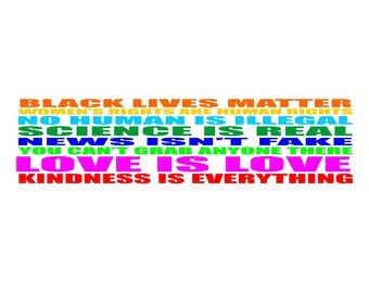 Kindness is everything bumper sticker, black lives matter, women's rights are human rights, no human is illegal, love is love decal
