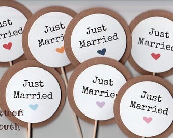 Wedding Cupcake Toppers / Picks / Vintage Style - Great Table / Food Decorations - Just Married