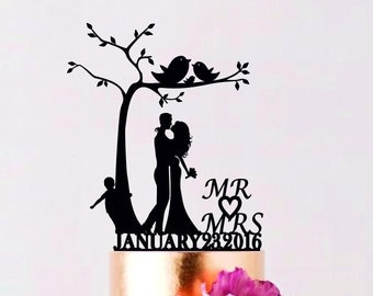 Under the Tree Wedding Cake Topper with child, Family Cake Topper, Custom Wedding Topper, Bride and Groom with little boy, Couple with child