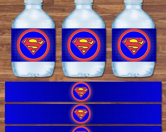 Superman Drink Labels - Superman Water Bottle Labels - Blue & Red Logo - Superman Birthday - Superman Party Printables - 9.75 x 1.25 Inches