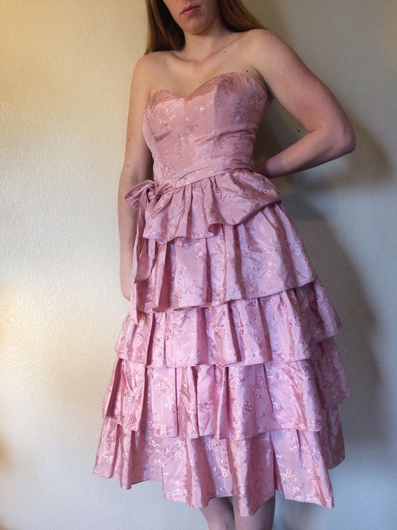 Vintage 1980s Pink Ruffle Prom Dress