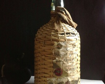 Pirate Rum Demijohn Wicker Glass Bottle Woven Handle Jug Demi John Straps Labels Bacardi Mexico