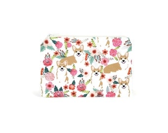 CHOOSE SIZE Corgis in the Garden Zipper Pouch / Welsh Corgi Camera Bag on Cream / Make Up or Coin Pouch