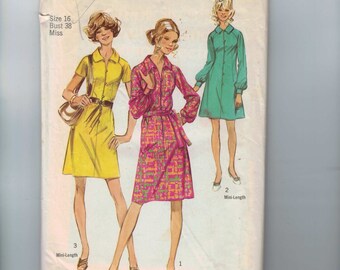 1970s Vintage Sewing Pattern Simplicity 9501 Misses A Line Shirt Dress Size 16 Bust 38 Waist 29 70s 1971