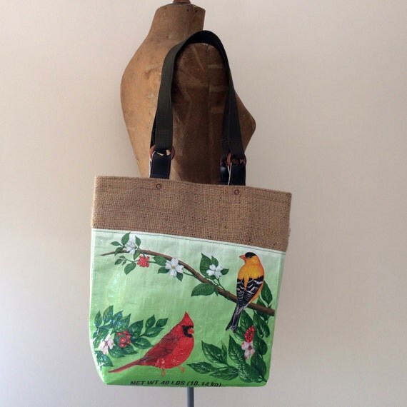 Upcycled Bird Seed Bag Tote with Repurposed Burlap Lining