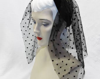 40s 50s Vintage Dramatic Black Polka Dot Back Veil Hat New York Creation