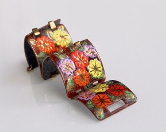 Enamel on Copper Bracelet, Vintage Enamel Bracelet, Flower Power Bracelet, Enamel Link Bracelet, Copper Enamel Bracelet