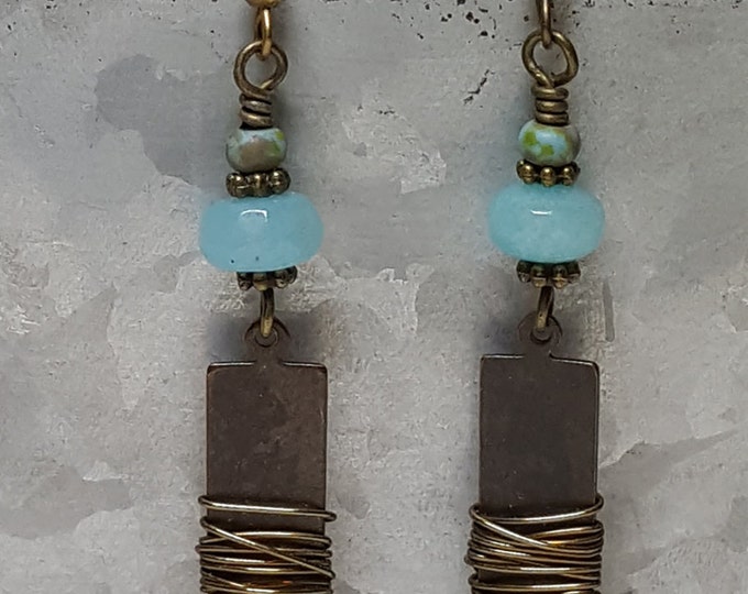 Bar Earrings Woodland Gemstone Boho Earrings Amazonite Brass Wire Wrapped Long Light Earrings Aqua Drop Earrings Textured Rustic Jewelry