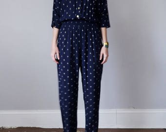 90s navy print dolman jumpsuit one piece (xs - s)