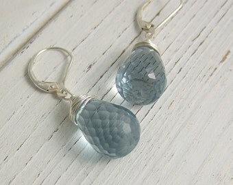 Earrings with Large Blue Glass Teardrops Wire Wrapped with Sterling Silver Wire HE-355