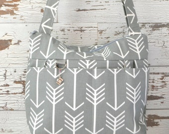 Camera bags, made in the USA by Darby Mack Grey Arrow print cotton, washable, Lightweight & durable