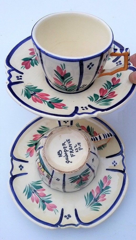 Henriot Quimper France Tea Cups with Saucer 2 Set / Quimper