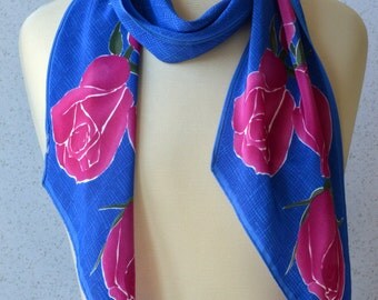 Vera Neumann long vintage scarf: Cobalt Blue, Roses, Flowers, Magenta, Painted