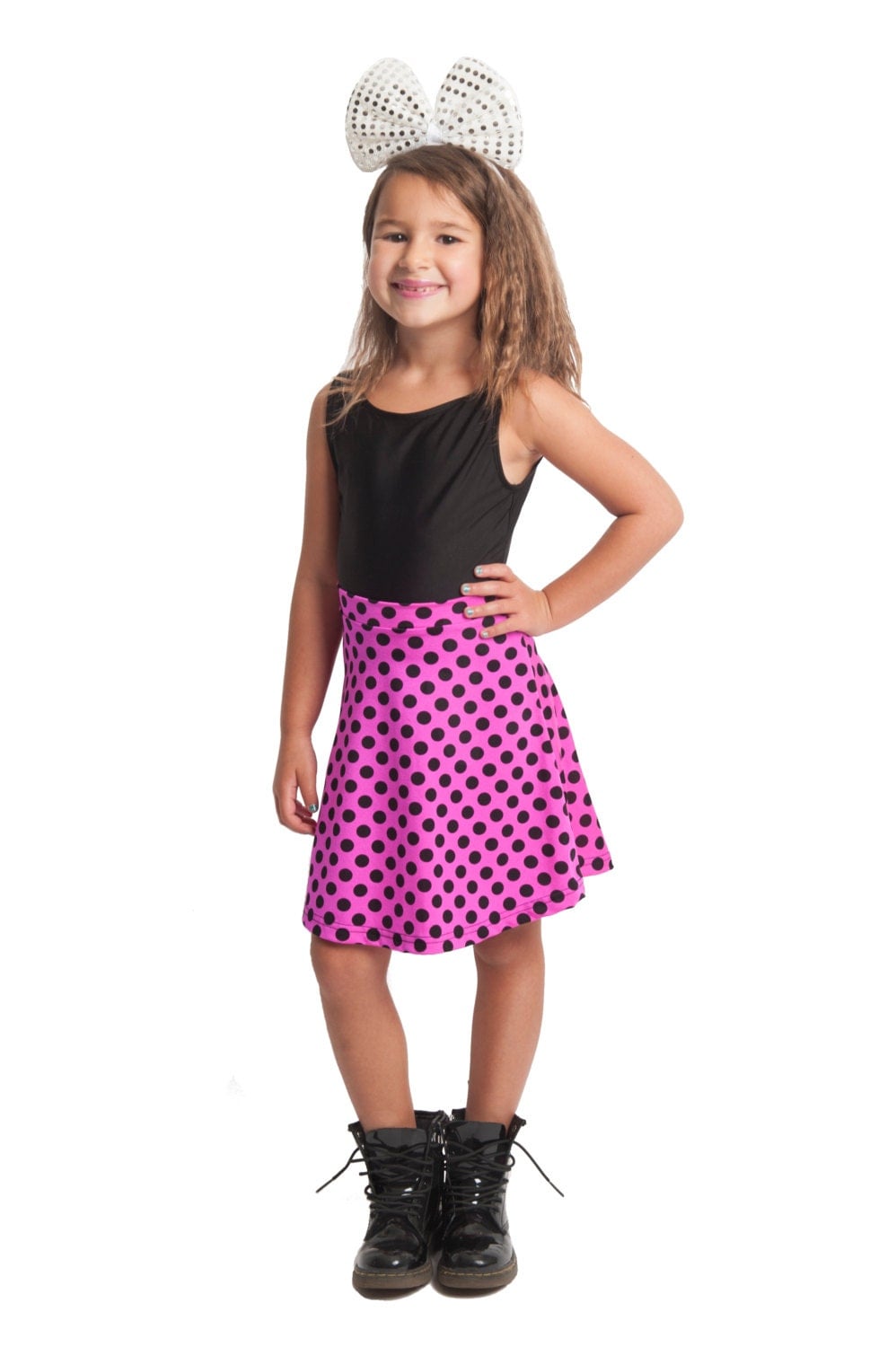 Pink & Black Polka Dot Kids Skater Skirt