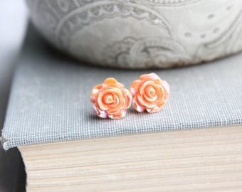 Orange Flower Stud Earrings Tiny Rose Studs Metallic Shimmer Dark Peach Floral Earrings Surgical Steel Posts Nickel Free Cute Little Studs