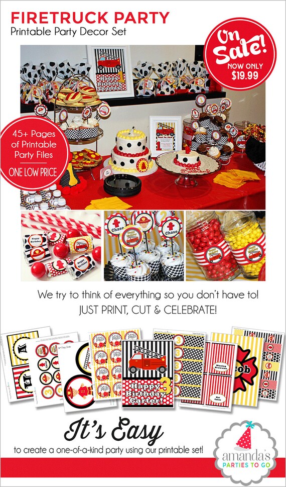 Firetruck Birthday Decorations | Firetruck Party Printable | Firefighter Birthday | Fireman Birthday | 1st Birthday | Amandas Parties To Go Il_570xn