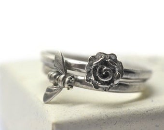 Silver Rose Ring, Silver Bee Ring, Personalized Sterling Silver Stacking Rings Set, Gift for Her, Custom Engraved Flower & Honeybee Jewelry