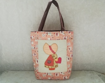 Sue Quilted Bag - Applique Bag - Cotton Handbags - Patchwork Bag - Tote Handbag - Shopping bag Peach Color