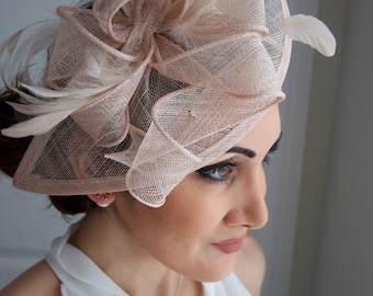 Nude Fascinator - "Penny" Mesh Hat Fascinator with Mesh Ribbons and Nude Feathers
