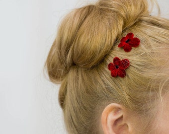 Red Flower Hair Clips, Red Flower Bobby Pins, Red Flower Hair Grips, Red Flower Hair Pins, Red Flower Kirby Grips, Red Blossom Flower