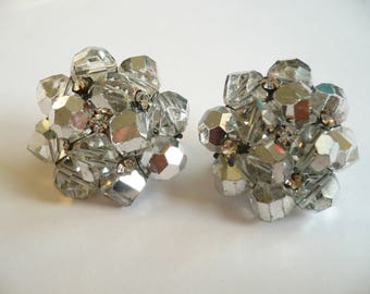 Vintage Vogue Earrings Clip On Cluster Rhinestone Silver Crystal Beads