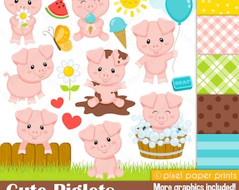 Cute Piglets - Pig clipart - Clip Art and Digital paper set
