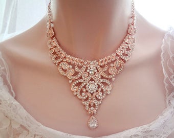 Rose gold necklace, Rose gold crystal necklace, Rose gold bib necklace, Wedding necklace,Brides necklace,Rose gold,Statement necklace, MIA