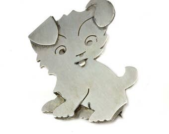 Vintage Sterling Silver 1960's Dog brooch or pin - Handmade