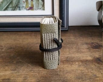 Mini Leather Journal, Green Hand-Bound 2 x 2.5 Journal by The Orange Windmill 1804