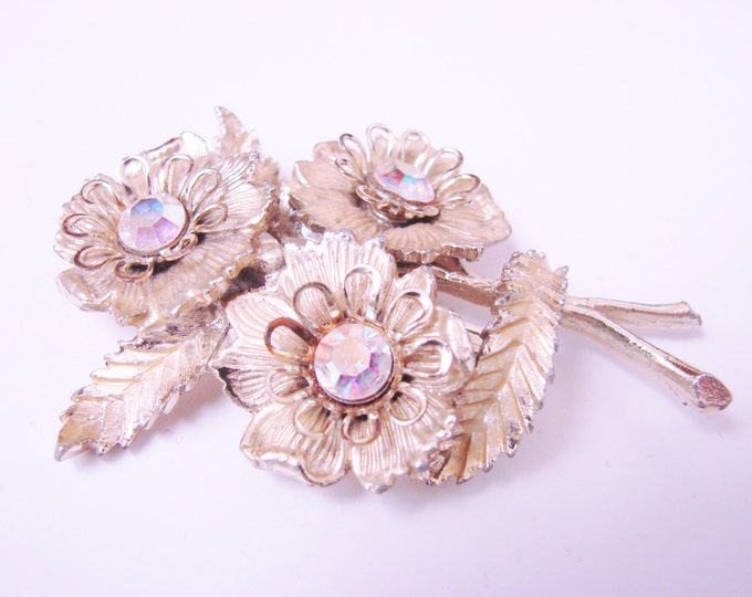 1960s Vintage Aurora Borealis Rhinestone Brooch Floral Mid Century Textured Goldtone Jewelry