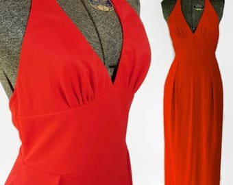 70s Jantzen Maxi Dress, Sundress, Halter, Orange Red, Beach Summer