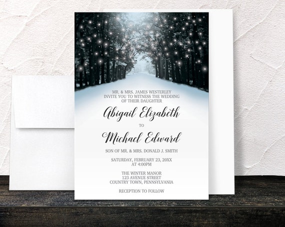 Winter Tree Lights Wedding Invitations - Snowy Road - Blue Black Grey - Printed Invitations Il_570xn