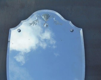 Old Etched and Beveled Frameless Mirror Art Deco Shield Wall Mirror Shabby Unique Shape Statement Accent Mirror Metal Buttons