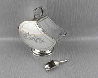 Silver Plated Antique Salt Cellar Miniature Coal Scuttle with Shovel Scoop with Etched Pattern EPBM