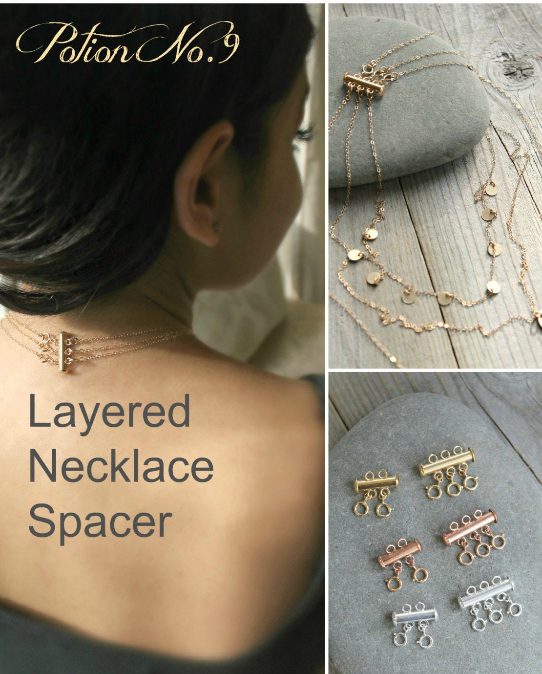 Layered necklace spacer clasp gold silver or rose gold no